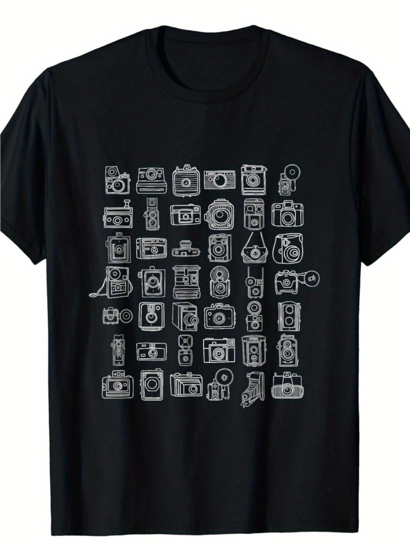 Photography Graphic Design - เสื้อยืดลายกราฟิกสำหรับผู้ชาย ลายกล้องถ่ายรูป - สีดำพร้อมลายกล้องสีขาว - ผลิตจากวัสดุน้ำหนักเบาและระบายอากาศได้ดี